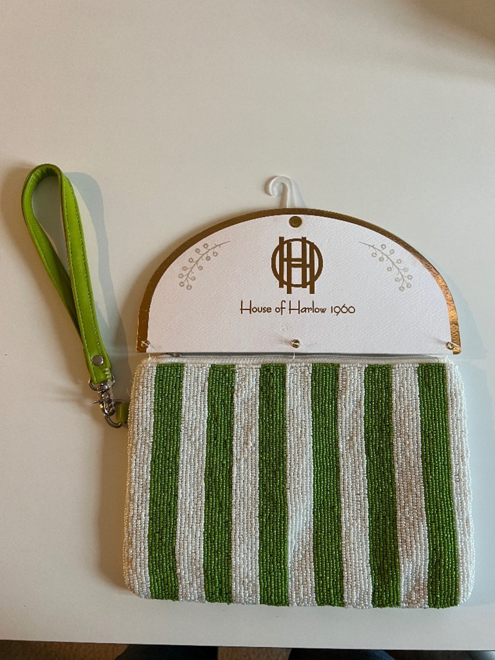 NWT House of Harlow 1960 Beaded Green & White Striped Travel Pouch